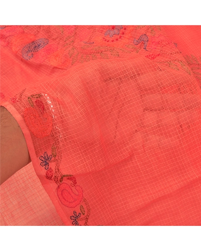 Sanskriti Vintage Peach Sarees Pure Cotton Printed Woven Kota Doria Sari Fabric, PS-60509-Peach-Thread Work-100% Pure Cotton-5