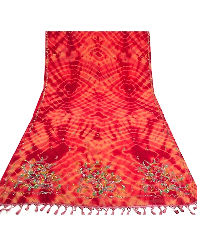 Sanskriti Vintage Dark Red Sarees Georgette Hand Beaded Leheria Sari Fabric, PS-60517-Dark Red &amp; Peach-Sequins Work-Georgette-9