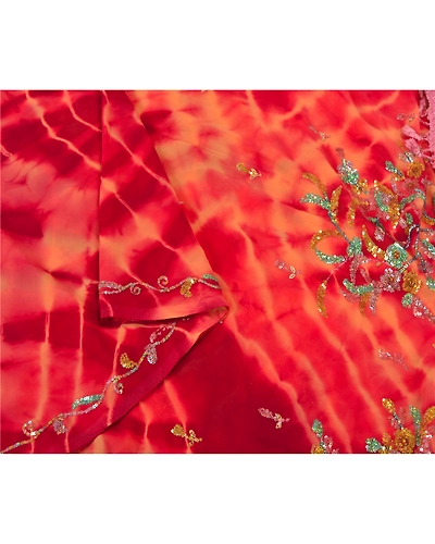 Sanskriti Vintage Dark Red Sarees Georgette Hand Beaded Leheria Sari Fabric, PS-60517-Dark Red &amp; Peach-Sequins Work-Georgette-10