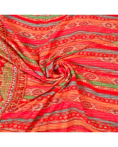 Sanskriti Vintage Red Indian Sarees Georgette Hand Beaded Premium Sari Fabric, PS-60527-Shade Of Red-Thread Work-Georgette-7