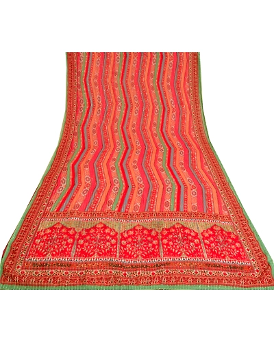 Sanskriti Vintage Red Indian Sarees Georgette Hand Beaded Premium Sari Fabric, PS-60527-Shade Of Red-Thread Work-Georgette-9