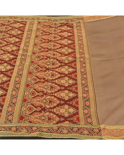 Sanskriti Vintage Brown Indian Sarees Art Silk Woven Premium Sari Craft Fabric, PS-60528-Brown &amp; Dark Red-Woven Work-Art Silk-4