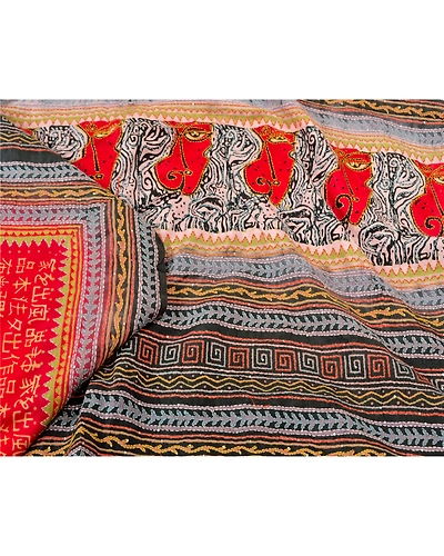 Sanskriti Vintage Red Sarees 100% Pure Silk Hand Beaded Kantha Sari Craft Fabric, PS-60538-Red &amp; Black-Thread Work-Pure Silk-2