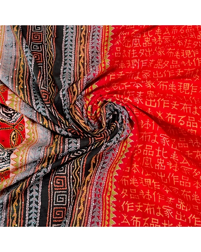 Sanskriti Vintage Red Sarees 100% Pure Silk Hand Beaded Kantha Sari Craft Fabric, PS-60538-Red &amp; Black-Thread Work-Pure Silk-7