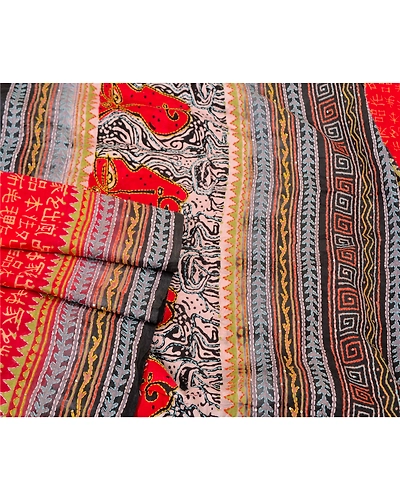 Sanskriti Vintage Red Sarees 100% Pure Silk Hand Beaded Kantha Sari Craft Fabric, PS-60538-Red &amp; Black-Thread Work-Pure Silk-8
