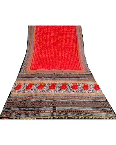 Sanskriti Vintage Red Sarees 100% Pure Silk Hand Beaded Kantha Sari Craft Fabric, PS-60538-Red &amp; Black-Thread Work-Pure Silk-9
