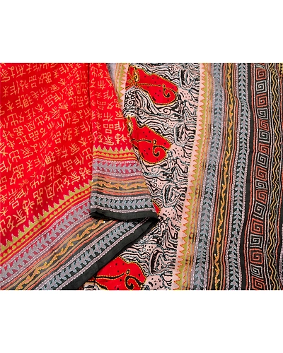 Sanskriti Vintage Red Sarees 100% Pure Silk Hand Beaded Kantha Sari Craft Fabric, PS-60538-Red &amp; Black-Thread Work-Pure Silk-10