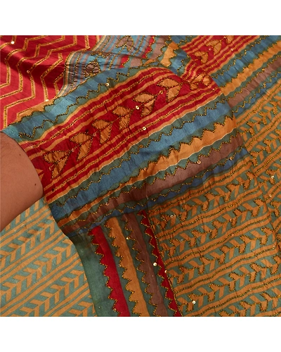 Sanskriti Vintage Indian Sarees 100% Pure Silk Hand Beaded Sari Craft Fabric, PS-60565-Multi Color-Thread Work-Pure Silk-5
