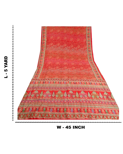 Sanskriti Vintage Red Indian Sarees 100% Pure Silk Hand Beaded Sari Craft Fabric, PS-60577-Shade Of Red-Printed Work-100% Pure Silk-1