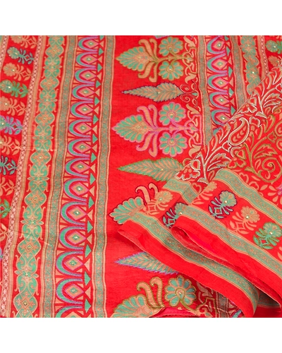 Sanskriti Vintage Red Indian Sarees 100% Pure Silk Hand Beaded Sari Craft Fabric, PS-60577-Shade Of Red-Printed Work-100% Pure Silk-2