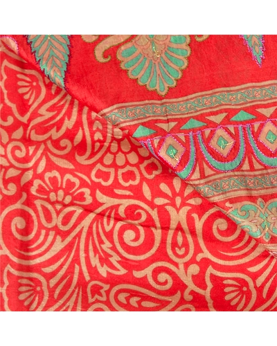 Sanskriti Vintage Red Indian Sarees 100% Pure Silk Hand Beaded Sari Craft Fabric, PS-60577-Shade Of Red-Printed Work-100% Pure Silk-3