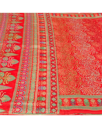 Sanskriti Vintage Red Indian Sarees 100% Pure Silk Hand Beaded Sari Craft Fabric, PS-60577-Shade Of Red-Printed Work-100% Pure Silk-4