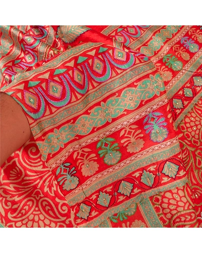 Sanskriti Vintage Red Indian Sarees 100% Pure Silk Hand Beaded Sari Craft Fabric, PS-60577-Shade Of Red-Printed Work-100% Pure Silk-5