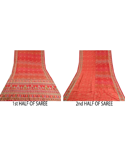 Sanskriti Vintage Red Indian Sarees 100% Pure Silk Hand Beaded Sari Craft Fabric, PS-60577-Shade Of Red-Printed Work-100% Pure Silk-6