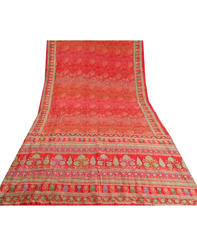 Sanskriti Vintage Red Indian Sarees 100% Pure Silk Hand Beaded Sari Craft Fabric, PS-60577-Shade Of Red-Printed Work-100% Pure Silk-9