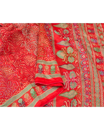 Sanskriti Vintage Red Indian Sarees 100% Pure Silk Hand Beaded Sari Craft Fabric, PS-60577-Shade Of Red-Printed Work-100% Pure Silk-10