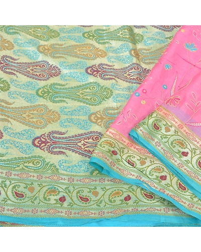 Sanskriti Vintage Pink Sarees 100% Pure Silk Embroidered Woven Sari Craft Fabric, PS-60589-Pink &amp; Blue-Thread Work-100% Pure Silk-2