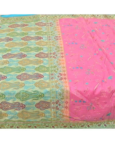 Sanskriti Vintage Pink Sarees 100% Pure Silk Embroidered Woven Sari Craft Fabric, PS-60589-Pink &amp; Blue-Thread Work-100% Pure Silk-4