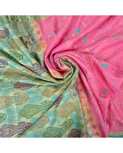 Sanskriti Vintage Pink Sarees 100% Pure Silk Embroidered Woven Sari Craft Fabric, PS-60589-Pink &amp; Blue-Thread Work-100% Pure Silk-7