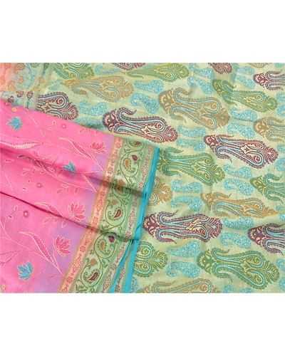 Sanskriti Vintage Pink Sarees 100% Pure Silk Embroidered Woven Sari Craft Fabric, PS-60589-Pink &amp; Blue-Thread Work-100% Pure Silk-8