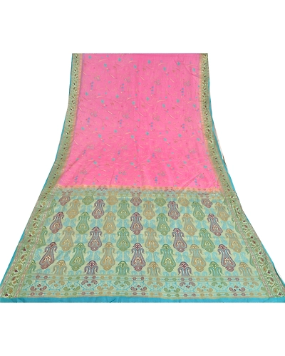Sanskriti Vintage Pink Sarees 100% Pure Silk Embroidered Woven Sari Craft Fabric, PS-60589-Pink &amp; Blue-Thread Work-100% Pure Silk-9