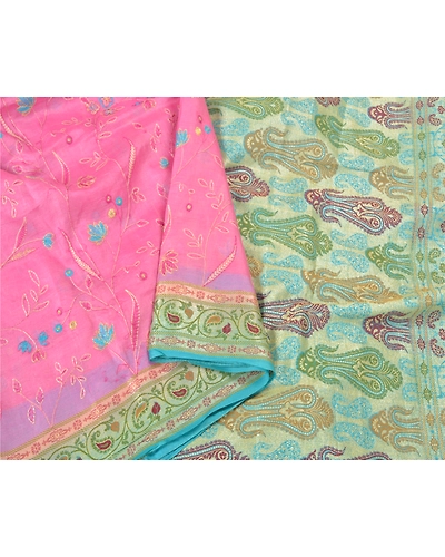 Sanskriti Vintage Pink Sarees 100% Pure Silk Embroidered Woven Sari Craft Fabric, PS-60589-Pink &amp; Blue-Thread Work-100% Pure Silk-10