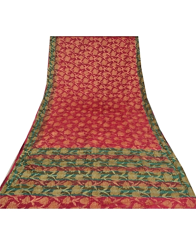 Sanskriti Vintage Dark Red Indian Sarees 100% Pure Silk Woven Sari Craft Fabric, PS-60600-Dark Red &amp; Green-Woven Work-100% Pure Silk-9