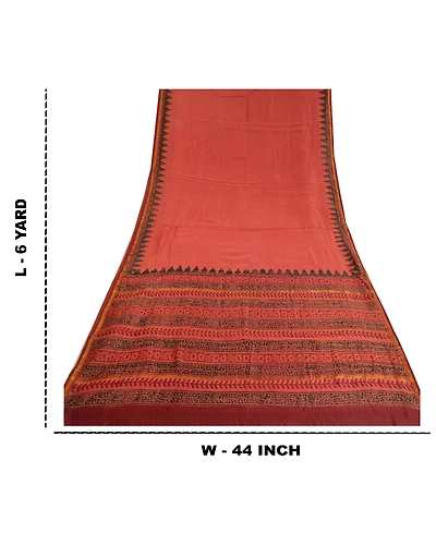 Sanskriti Vintage Rusty Red Sarees Pure Silk Block Printed Sari Craft Fabric, PS-60616-Shade Of Rusty Red-Block Printed Work-Pure Silk-1
