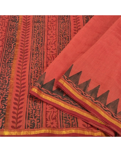 Sanskriti Vintage Rusty Red Sarees Pure Silk Block Printed Sari Craft Fabric, PS-60616-Shade Of Rusty Red-Block Printed Work-Pure Silk-2
