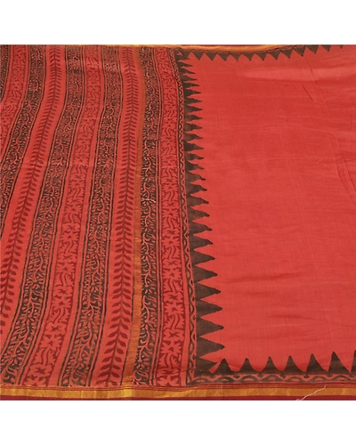 Sanskriti Vintage Rusty Red Sarees Pure Silk Block Printed Sari Craft Fabric, PS-60616-Shade Of Rusty Red-Block Printed Work-Pure Silk-4