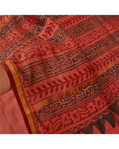 Sanskriti Vintage Rusty Red Sarees Pure Silk Block Printed Sari Craft Fabric, PS-60616-Shade Of Rusty Red-Block Printed Work-Pure Silk-5