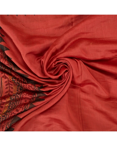 Sanskriti Vintage Rusty Red Sarees Pure Silk Block Printed Sari Craft Fabric, PS-60616-Shade Of Rusty Red-Block Printed Work-Pure Silk-7