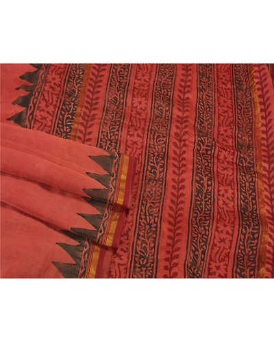 Sanskriti Vintage Rusty Red Sarees Pure Silk Block Printed Sari Craft Fabric, PS-60616-Shade Of Rusty Red-Block Printed Work-Pure Silk-8