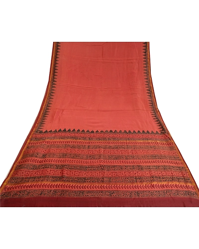 Sanskriti Vintage Rusty Red Sarees Pure Silk Block Printed Sari Craft Fabric, PS-60616-Shade Of Rusty Red-Block Printed Work-Pure Silk-9