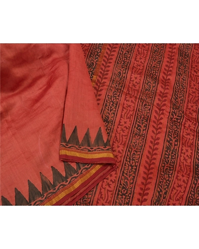 Sanskriti Vintage Rusty Red Sarees Pure Silk Block Printed Sari Craft Fabric, PS-60616-Shade Of Rusty Red-Block Printed Work-Pure Silk-10