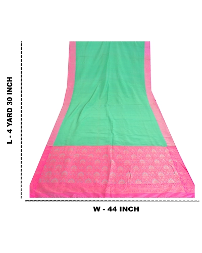 Sanskriti Vintage Green Indian Sarees 100% Pure Silk Woven Sari Craft Fabric, PS-60619-Green &amp; Pink-Woven Work-100% Pure Silk-1