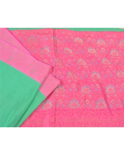 Sanskriti Vintage Green Indian Sarees 100% Pure Silk Woven Sari Craft Fabric, PS-60619-Green &amp; Pink-Woven Work-100% Pure Silk-2