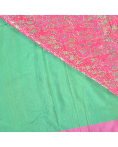 Sanskriti Vintage Green Indian Sarees 100% Pure Silk Woven Sari Craft Fabric, PS-60619-Green &amp; Pink-Woven Work-100% Pure Silk-3