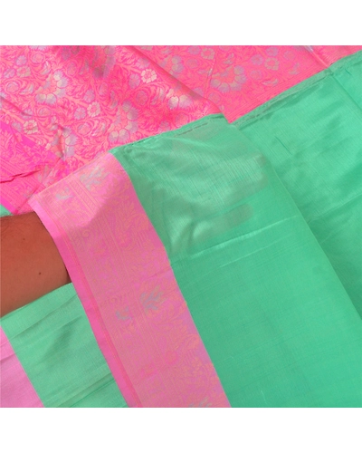 Sanskriti Vintage Green Indian Sarees 100% Pure Silk Woven Sari Craft Fabric, PS-60619-Green &amp; Pink-Woven Work-100% Pure Silk-5