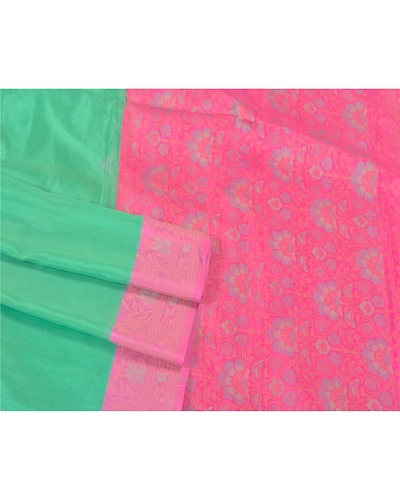 Sanskriti Vintage Green Indian Sarees 100% Pure Silk Woven Sari Craft Fabric, PS-60619-Green &amp; Pink-Woven Work-100% Pure Silk-8