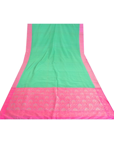 Sanskriti Vintage Green Indian Sarees 100% Pure Silk Woven Sari Craft Fabric, PS-60619-Green &amp; Pink-Woven Work-100% Pure Silk-9