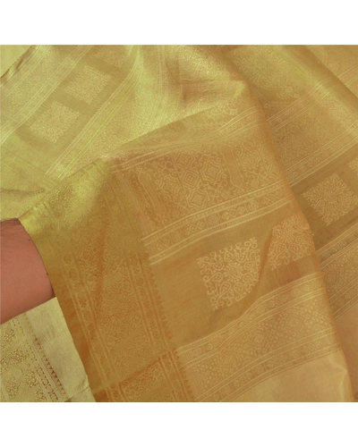 Sanskriti Vintage Golden Indian Sarees 100% Pure Silk Woven Sari Craft Fabric, PS-60649-Shade Of Golden-Woven Work-100% Pure Silk-5