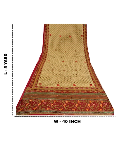 Sanskriti Vintage Ivory Sarees Blend Georgette Hand Beaded Ethnic Sari Fabric, PS-60697-Ivory &amp; Dark Red-Thread Work-Blend Georgette-1