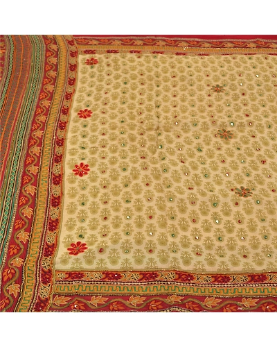 Sanskriti Vintage Ivory Sarees Blend Georgette Hand Beaded Ethnic Sari Fabric, PS-60697-Ivory &amp; Dark Red-Thread Work-Blend Georgette-4