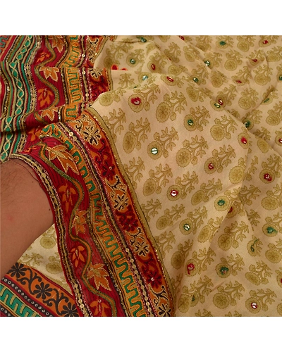 Sanskriti Vintage Ivory Sarees Blend Georgette Hand Beaded Ethnic Sari Fabric, PS-60697-Ivory &amp; Dark Red-Thread Work-Blend Georgette-5