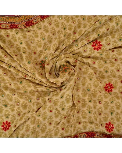 Sanskriti Vintage Ivory Sarees Blend Georgette Hand Beaded Ethnic Sari Fabric, PS-60697-Ivory &amp; Dark Red-Thread Work-Blend Georgette-7