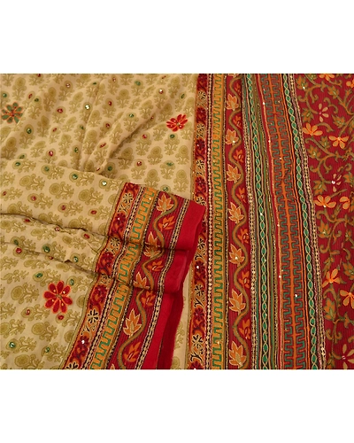 Sanskriti Vintage Ivory Sarees Blend Georgette Hand Beaded Ethnic Sari Fabric, PS-60697-Ivory &amp; Dark Red-Thread Work-Blend Georgette-8