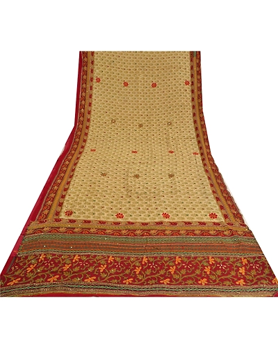 Sanskriti Vintage Ivory Sarees Blend Georgette Hand Beaded Ethnic Sari Fabric, PS-60697-Ivory &amp; Dark Red-Thread Work-Blend Georgette-9