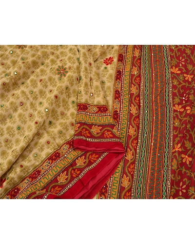 Sanskriti Vintage Ivory Sarees Blend Georgette Hand Beaded Ethnic Sari Fabric, PS-60697-Ivory &amp; Dark Red-Thread Work-Blend Georgette-10