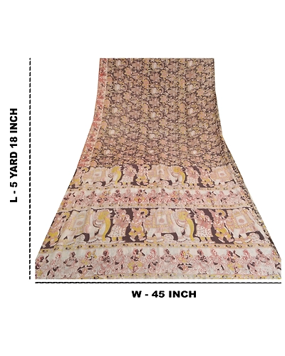 Sanskriti Vintage Brown Sarees Pure Silk Handmade Kalamkari Human Sari Fabric, PS-60701-Brown &amp; Ivory-Kalamkari Work-100% Pure Silk-1